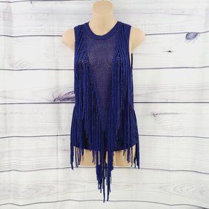 TORN BY RONNY KOBO Ronja Navy Fringed Knit Top XS